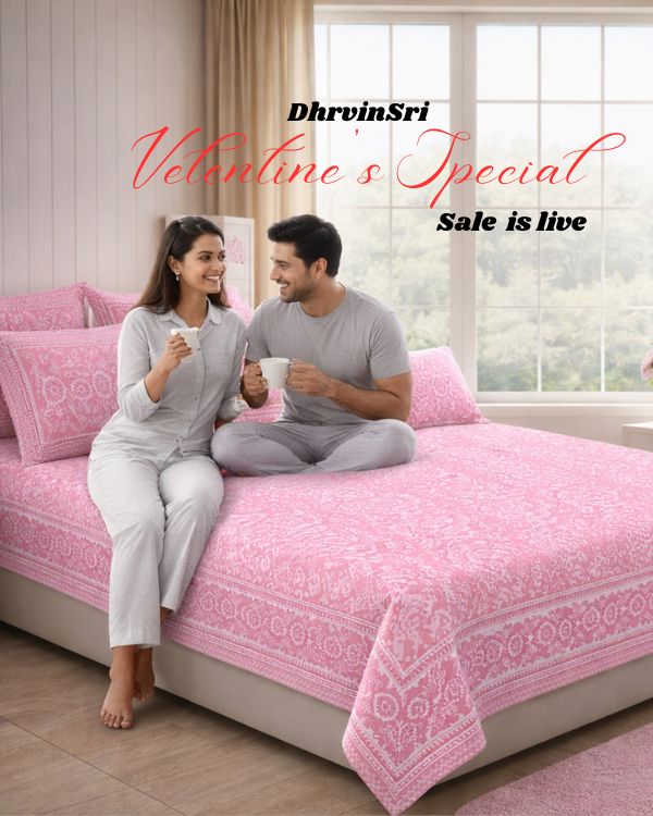 Romantic pink king size cotton bedsheet with pillow covers for couples – Valentine’s Day collection by Shree Govindam Ethnic Studio