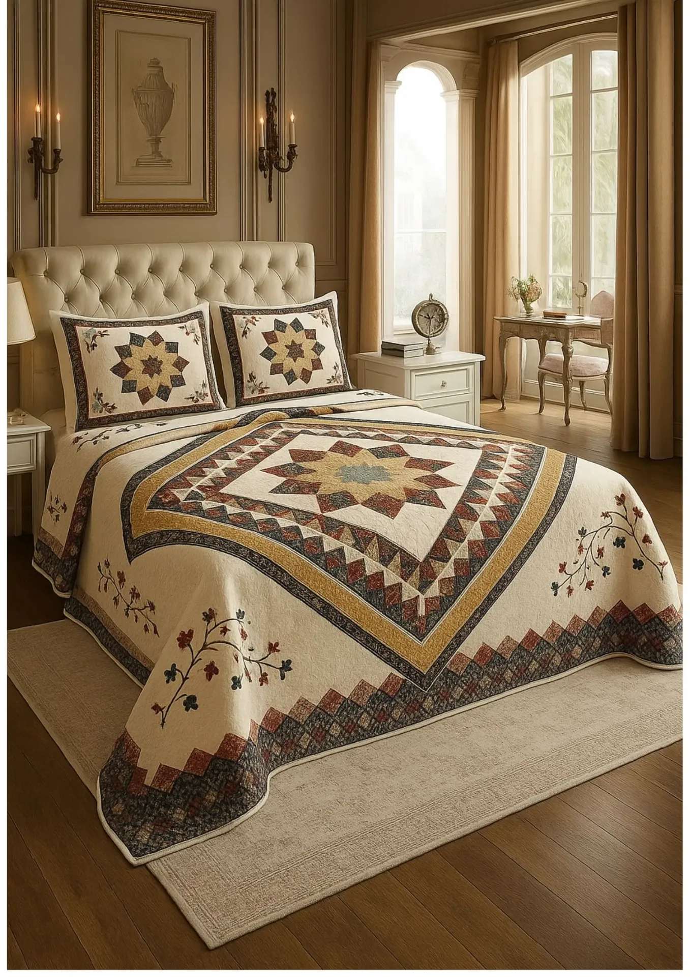Elegant, Mandala Floral, Pure Cotton, Double king Bedding Set-Beige Colour