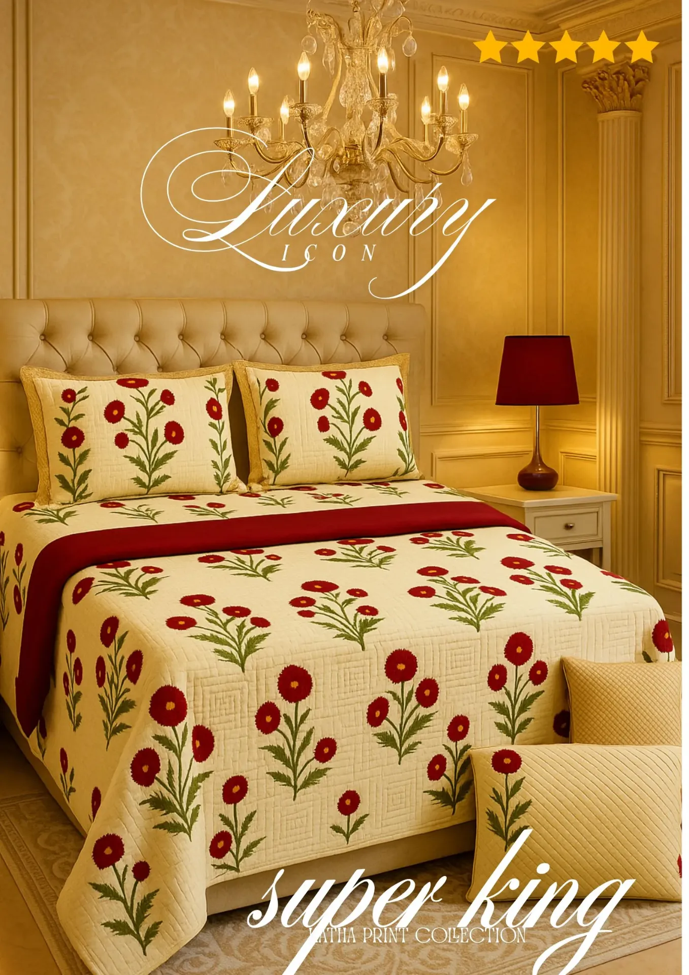 Royal Décor Pure Cotton Bedsheet, Katha Print, Super King 108x108 with 2 Pillow Covers, Hand Work,(RFD)