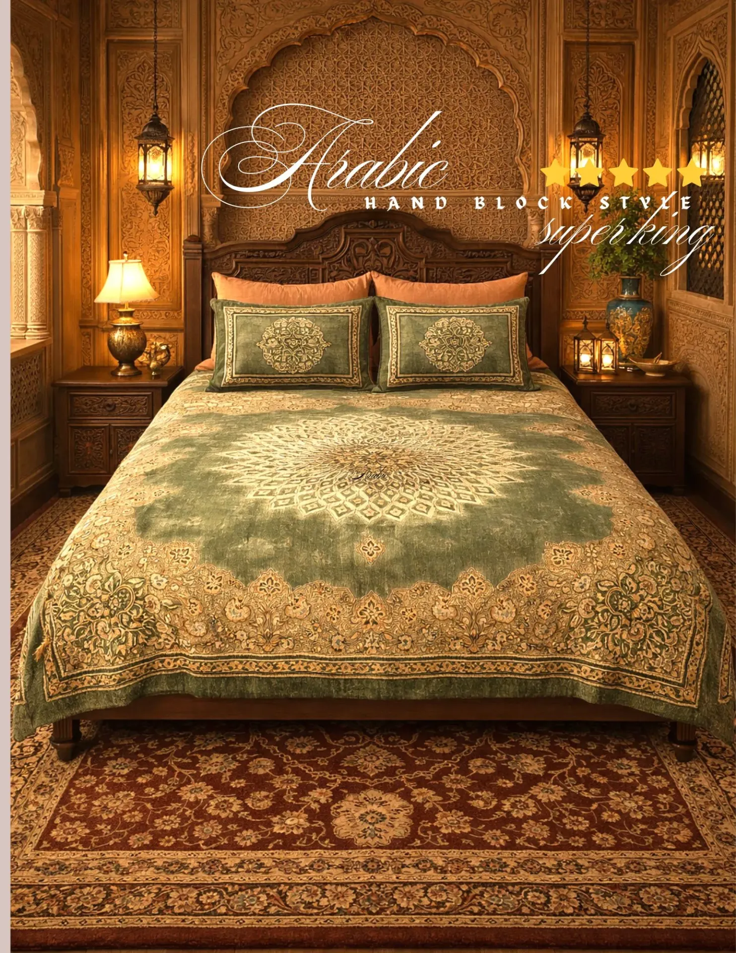 [SU-KG-ARBD-GRN-01] Super King Arabic Design Pure Cotton Bedsheet – Luxury Moroccan Mughal Print