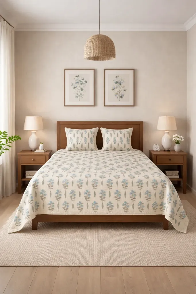 [SUPERKG-HNDBLK-BLUE-FRL] Super King Pure Cotton Bedsheet Set | Hand Block Print Floral Design | 108x108 with 2 Pillow Covers
