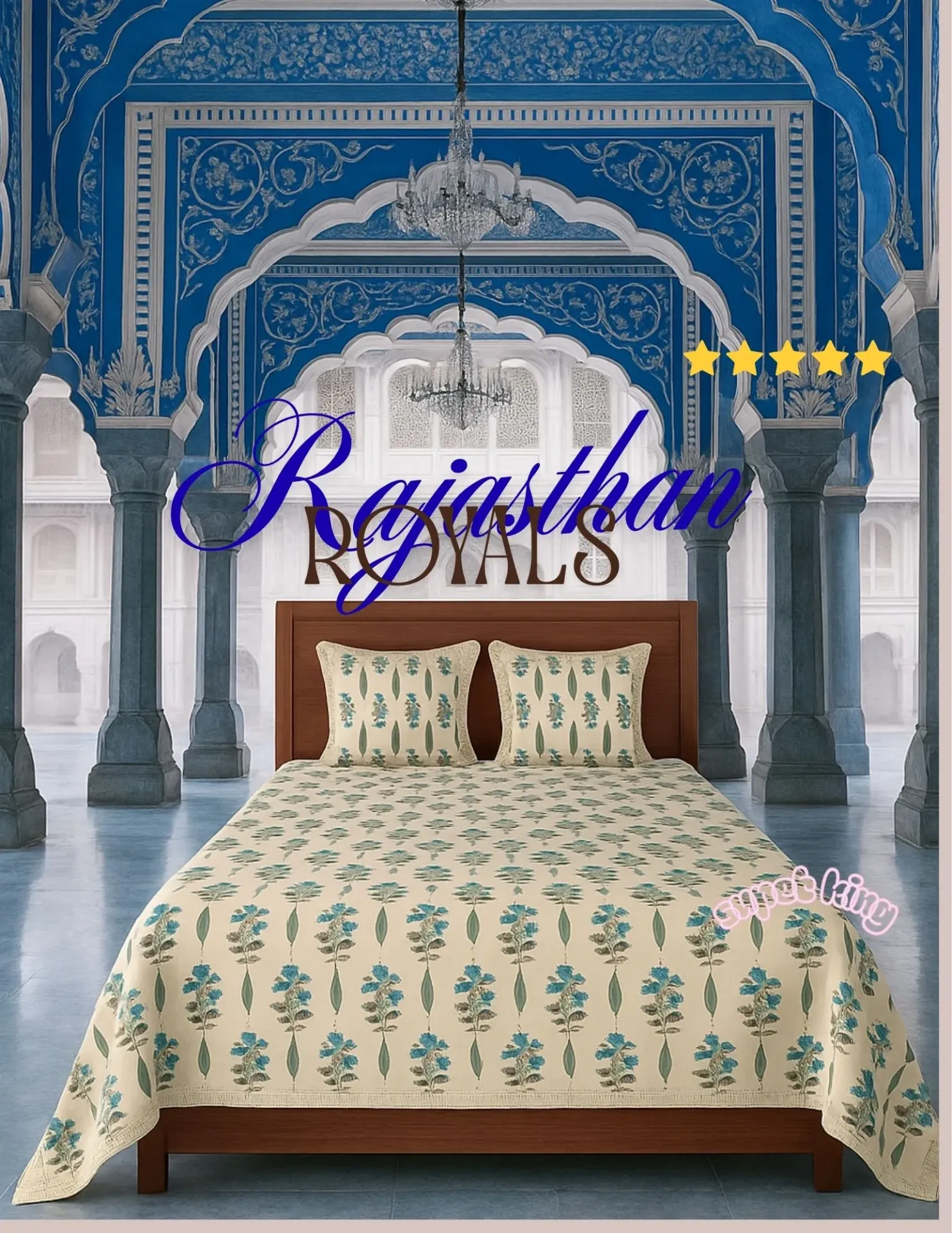 [SUPERKG-HNDBLK-BLUE-FRL] Super King Pure Cotton Bedsheet Set | Hand Block Print Floral Design | 108x108 with 2 Pillow Covers