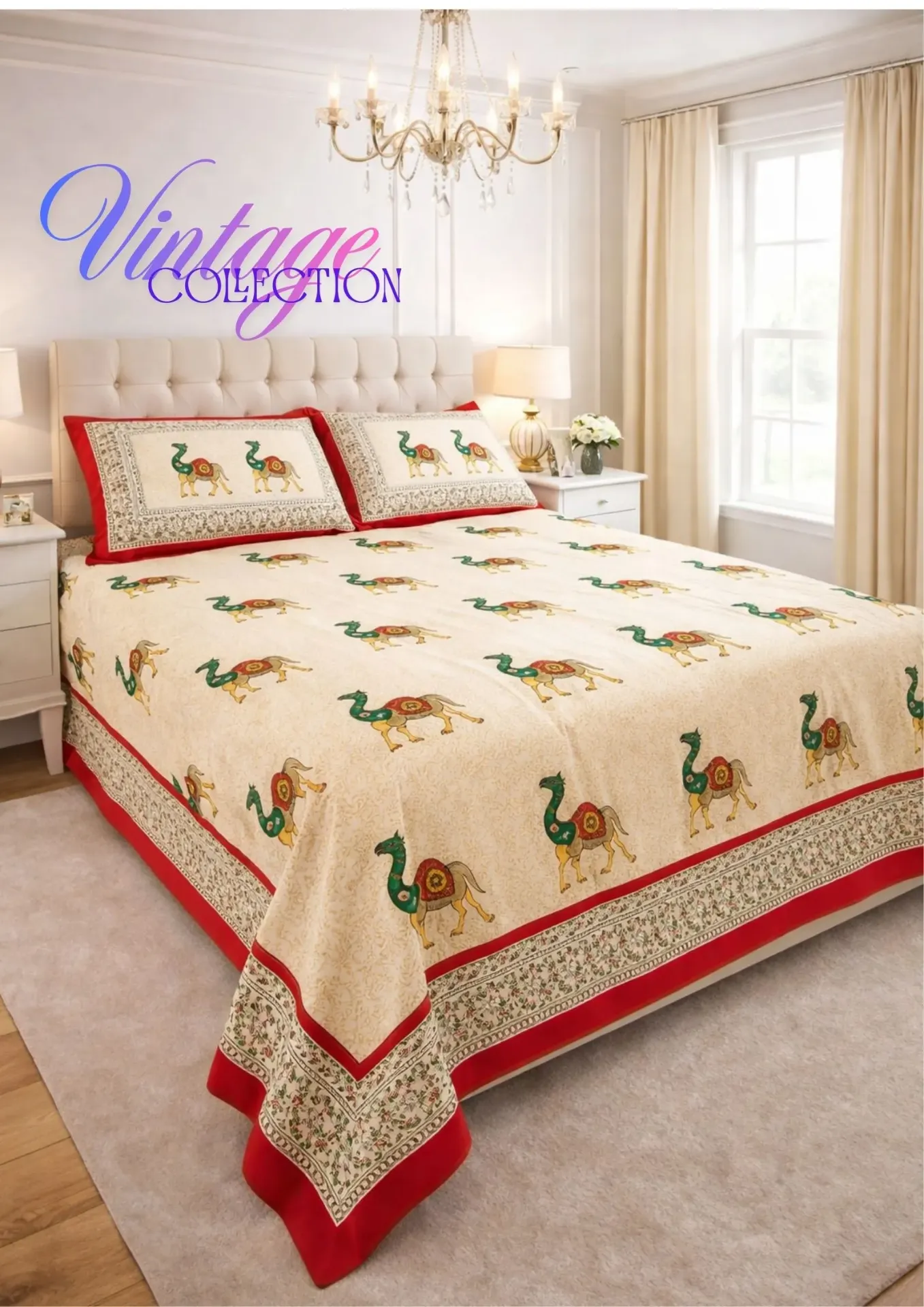 [KG-CAMLD-RED-02] Royal Camel Motif Pure Cotton Bedsheet Set with 2 pillow covers   (Red)