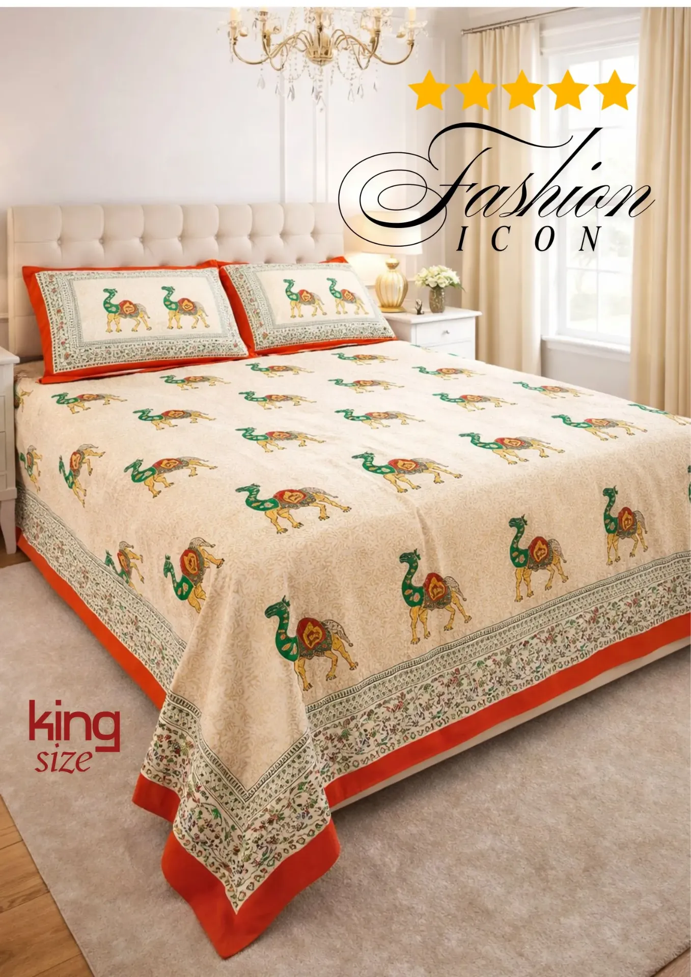 Royal Camel Motif Pure Cotton Bedsheet Set with 2 pillow covers   (Red)