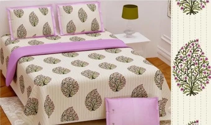 1000, Egyptian, Super King Bed Size BEEDSHEET 108 * 108 & 2 Pillow Cases,Leaf Design,Pure Cotton, AZOFREE,Katha Print-Cream & Pink Colour