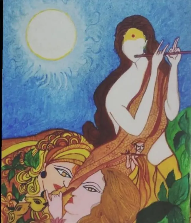 [COART1820-Madhu02] Divine Raha Krishna with Flute – Handcrafted Indian Oil Painting on Canvas | Traditional Mythological Wall Art