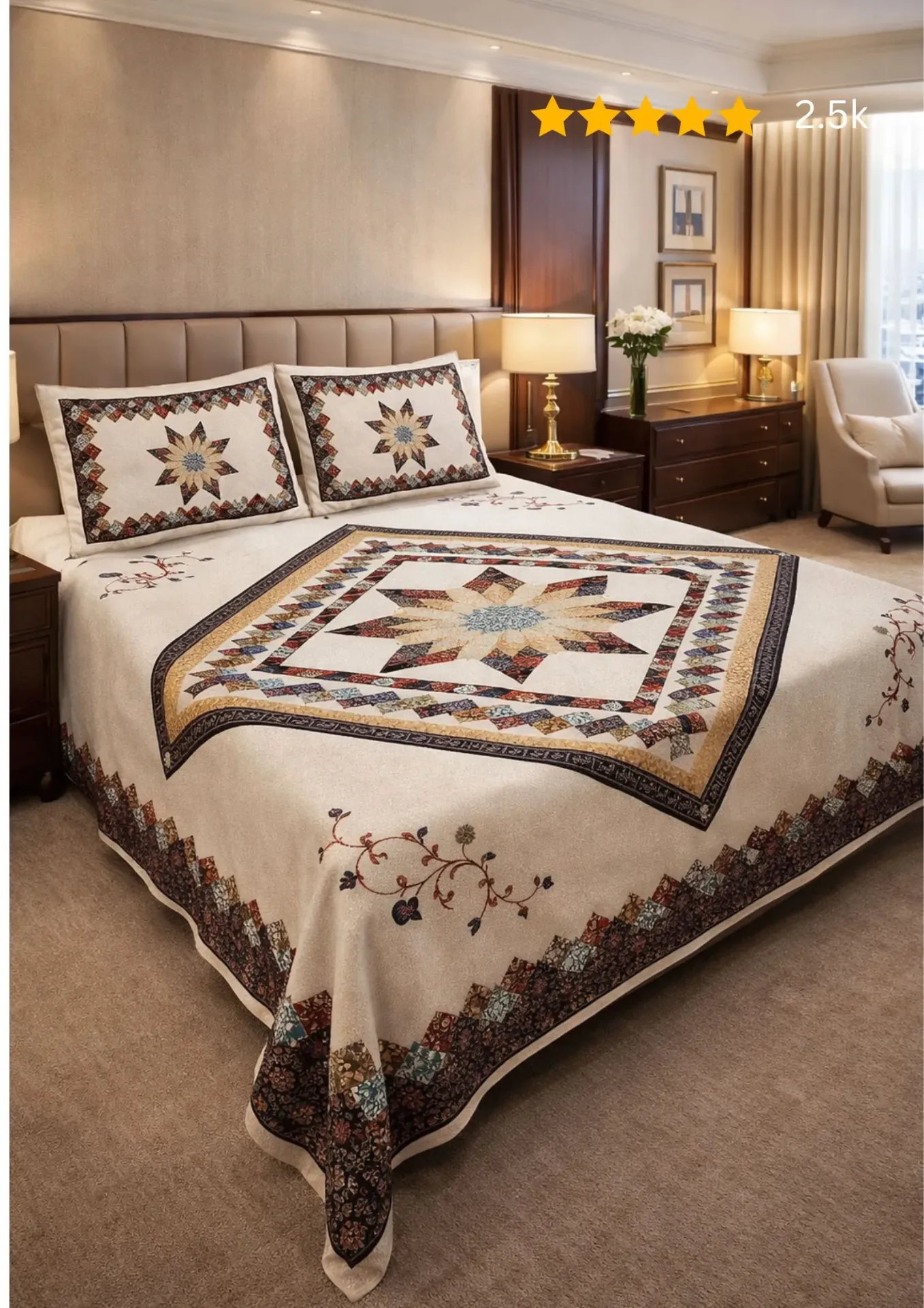 Bestseller-Elegant, Mandala Floral, Pure Cotton, Double king Bedding Set-Beige Colour 