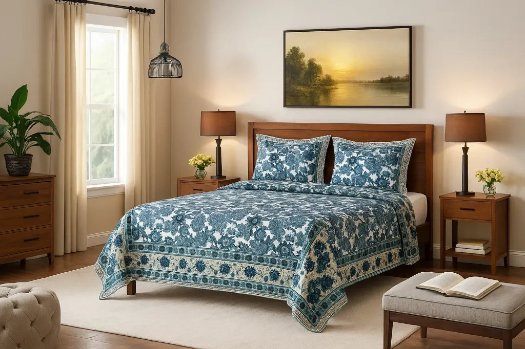 [DKS-ATFLORAL-BLUE-01] Hand Block Print Pure Cotton Double King Bedsheet Set (Blue-Indigo)