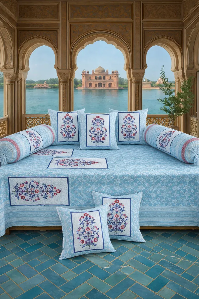 Soft Cotton Decorative Blue Colour 8 Pcs Diwan Set (1+2+5)