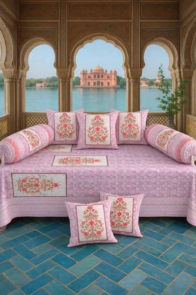 [Diwanset-8pcPink-02] Soft Cotton Decorative Peach Colour 8Pcs Diwan Set