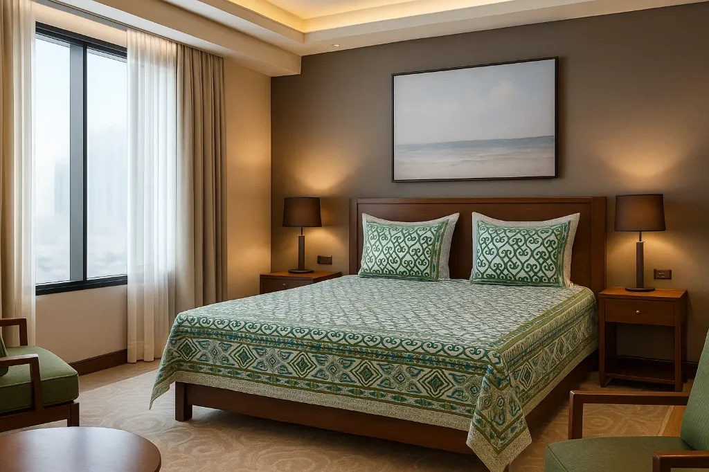 [DKG-AT-OLVGN-03] Pure Cotton Hand Block Print Olive Green Double King Bedsheet with 2 Pillow Colour