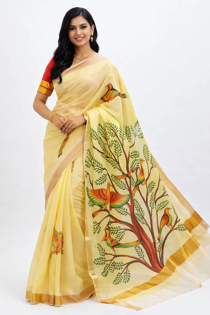 Artisan Hand Painted Pure Cotton Yellow Life Tree Design Saree with Blouse