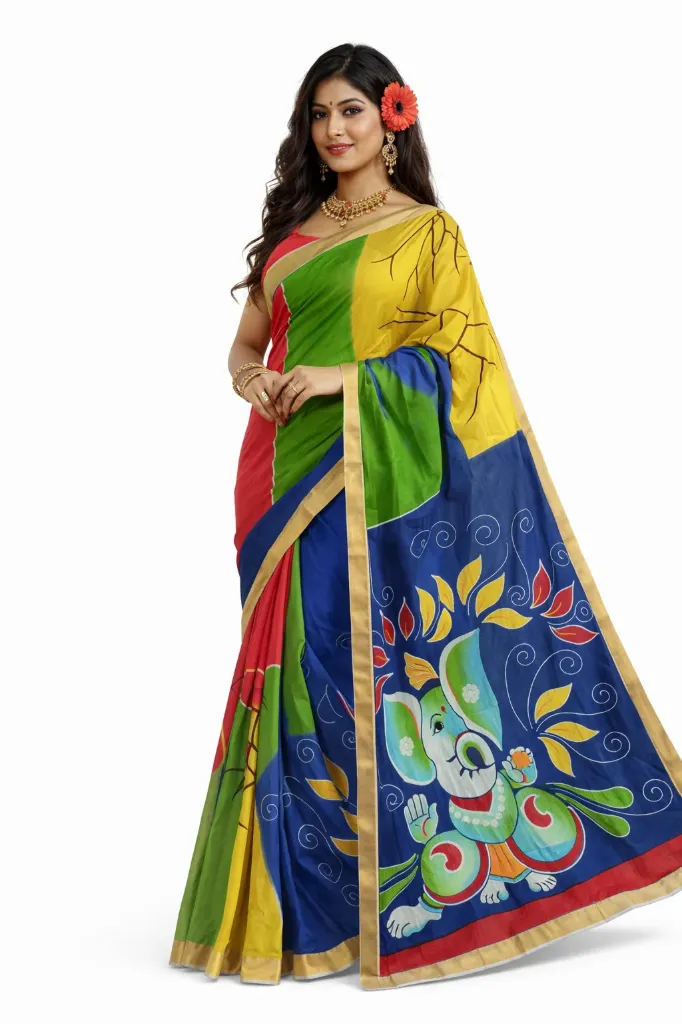 Artisan Hand Painted Green Colour Pure Cotton Saree Ganesha Design (with Blouse)