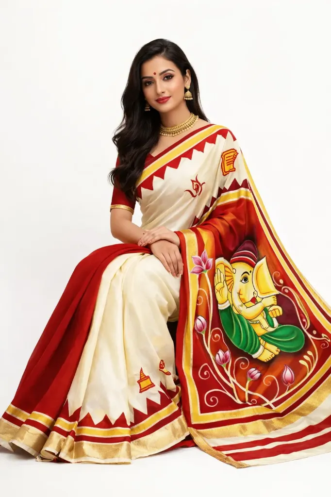 [HNDPNT-SAREE-BEGMRON-O3] Artisan Hand Painted Pure Cotton Saree, Beige Maroon Colour,Ganesha Design, (Running Blouse)
