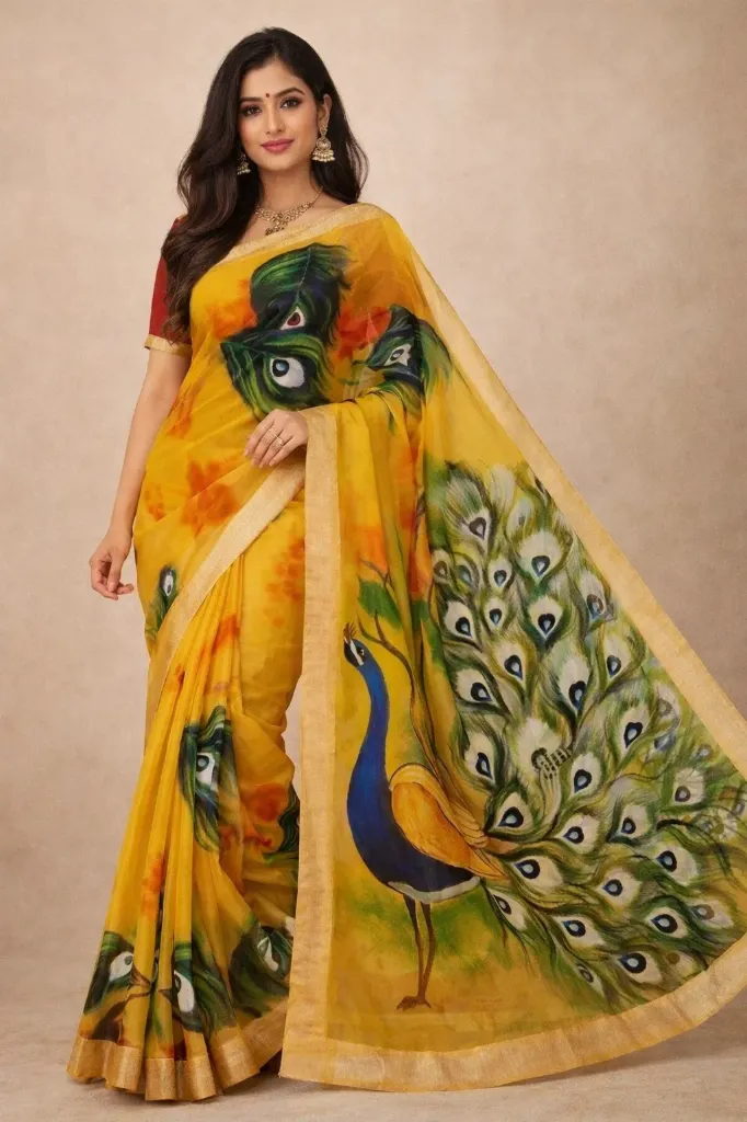 [HANDPN-YLPECK-05] Artisan Hand Painted Pure Cotton Saree, Yellow Colour Peacock Design( Running with Blouse)