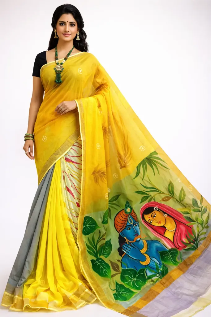 [HNDPT-YL-RADHAKSH-06] Artisan Hand Painted Pure Cotton Saree with Blouse