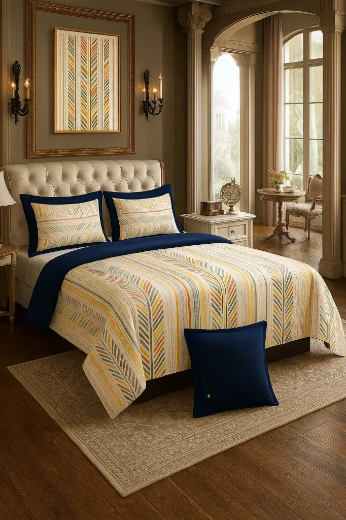 [SU-KG-KATHA-GEO-05] Luxury Bedsheet, Katha Print, Pure Cotton Super King108x108 with 2 Pillow Covers, Hand Work,(RFD)