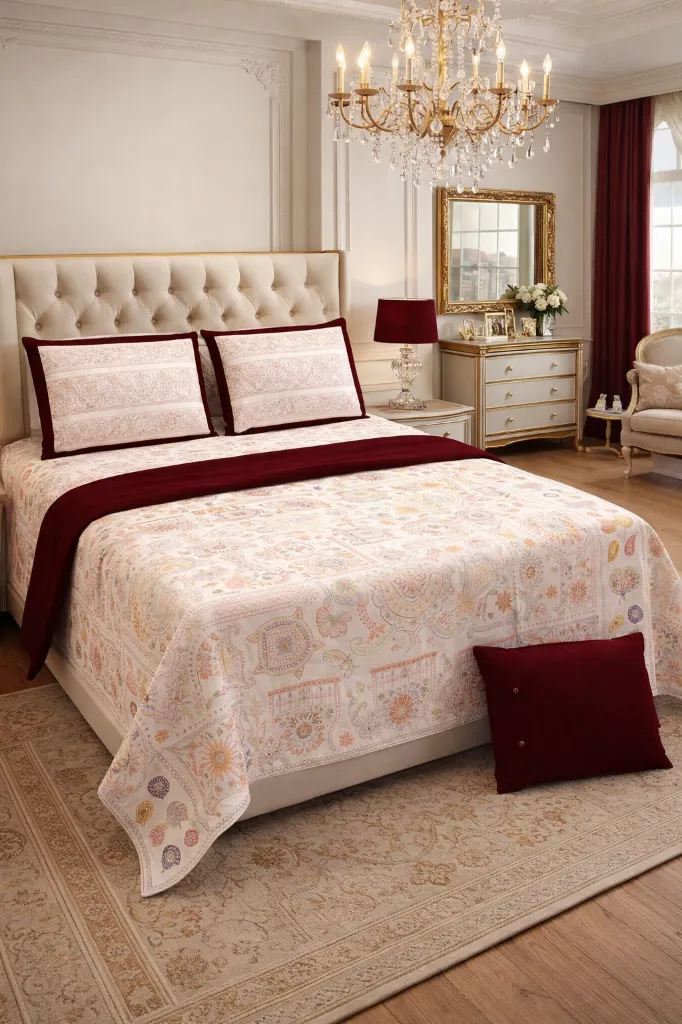 [SU-KG-KATHA-VILSC] Luxury Home Décor Bedsheet, Katha Print, Pure Cotton Super King  108x108 with 2 Pillow Covers, Hand Work,(RFD)