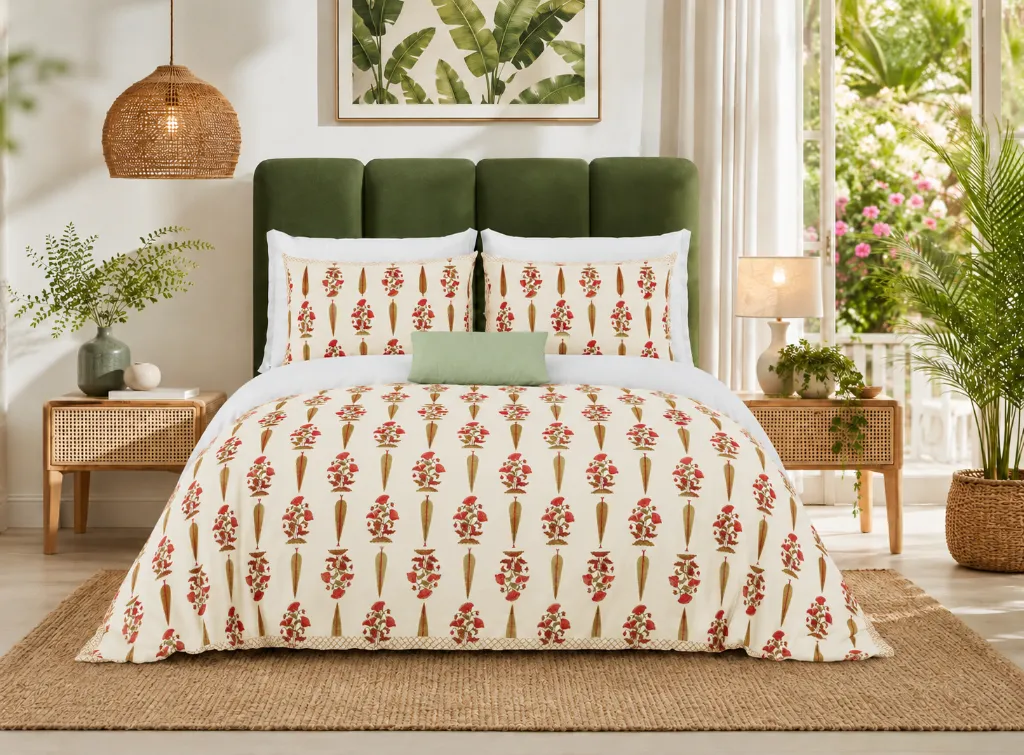 Premium Red Floral Cotton King Bedsheet – Luxury Authentic Hand Block, Size, 108 by 108 With 2 Pillow Covers