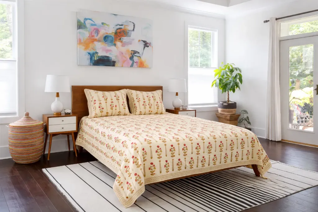 [SU-KG-HNDB-RED-02] Premium Red Floral Cotton King Bedsheet – Luxury Hand Block Print, Size 108 by 108 Bedding