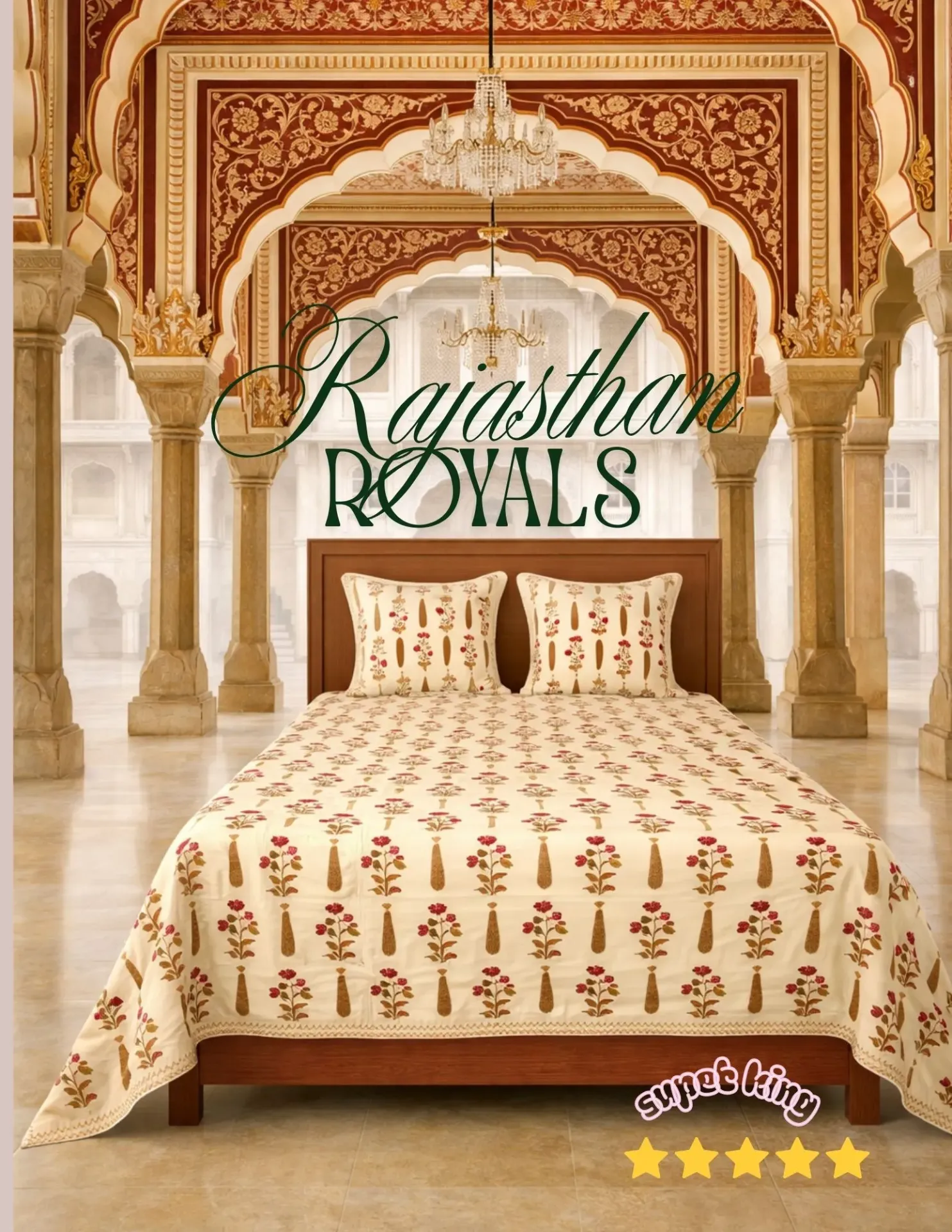 Premium Red Floral Cotton King Bedsheet – Luxury Hand Block Print, Size 108 by 108 Bedding