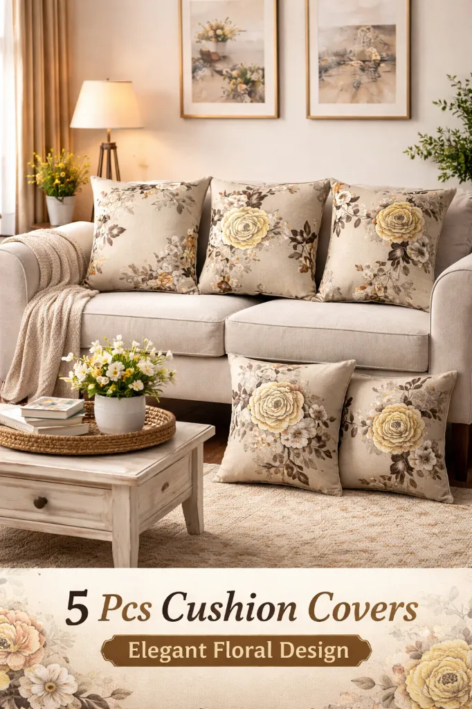 [CUSHION-BGFLORAL-16-03] 5 Pcs Cushion Cover Set, Beige Flowers – Premium Cotton Blend Decorative Cushion Covers for Sofa & Living Room