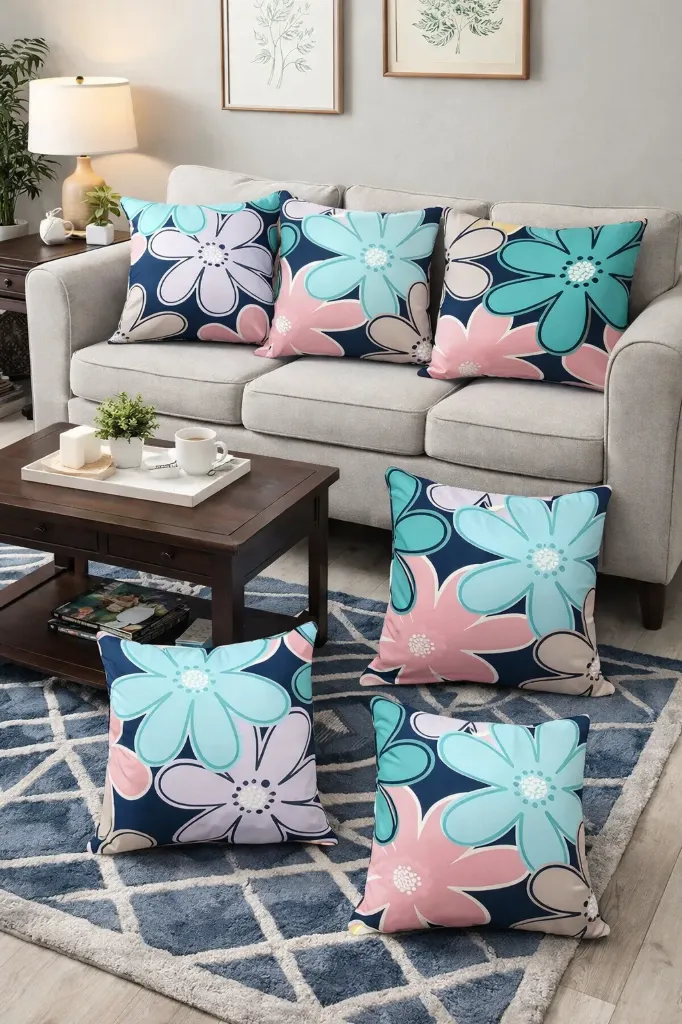 [CUSHION-BLUEFLRL-BUNCH-16-04] 5 Pcs Cushion Cover Set – Premium Cotton Blend Decorative Cushion Covers Blue Floral, Sofa & Living Room