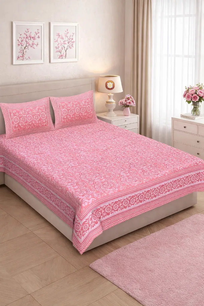 [king_AT_Pink Floral] King Size Bedsheet Set with 2 pillow covers, 90*108 cms,Pink Color, Pure Cotton