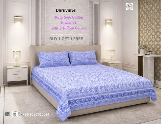 300 TC Cotton Traditional Rajasthani Printed, 2 King Bed Bedsheets with 4 Pillow Covers, Blue color,90 X 108 Inches (1+1 combo pack)