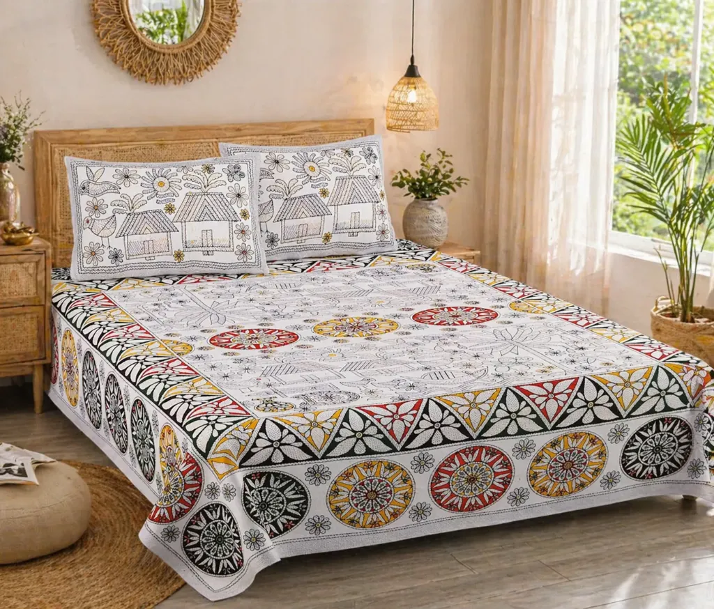 DhruvinSri: Katha Print King Size Cotton Bedsheet (90x108 inches) with 2 Pillow Covers – Soft Breathable Summer Bed Sheet, Lightweight Premium Printed Bedding Set
