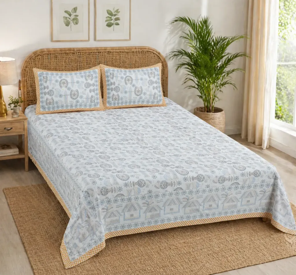 DhruvinSri, King Size Cotton Bedsheet with 2 Pillow Covers – Soft Breathable Summer Bed Sheet, Premium Printed Double Bed Sheet, Lightweight & Skin-Friendly Bedding Set for Home (Blue & Beige Ethnic Design)