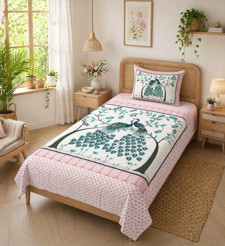 DHRUVINSRI Luxury Peacock Design Cotton Single Bedsheet (60x90) with Cushion Cover – Soft & Stylish Summer Bedding Essential