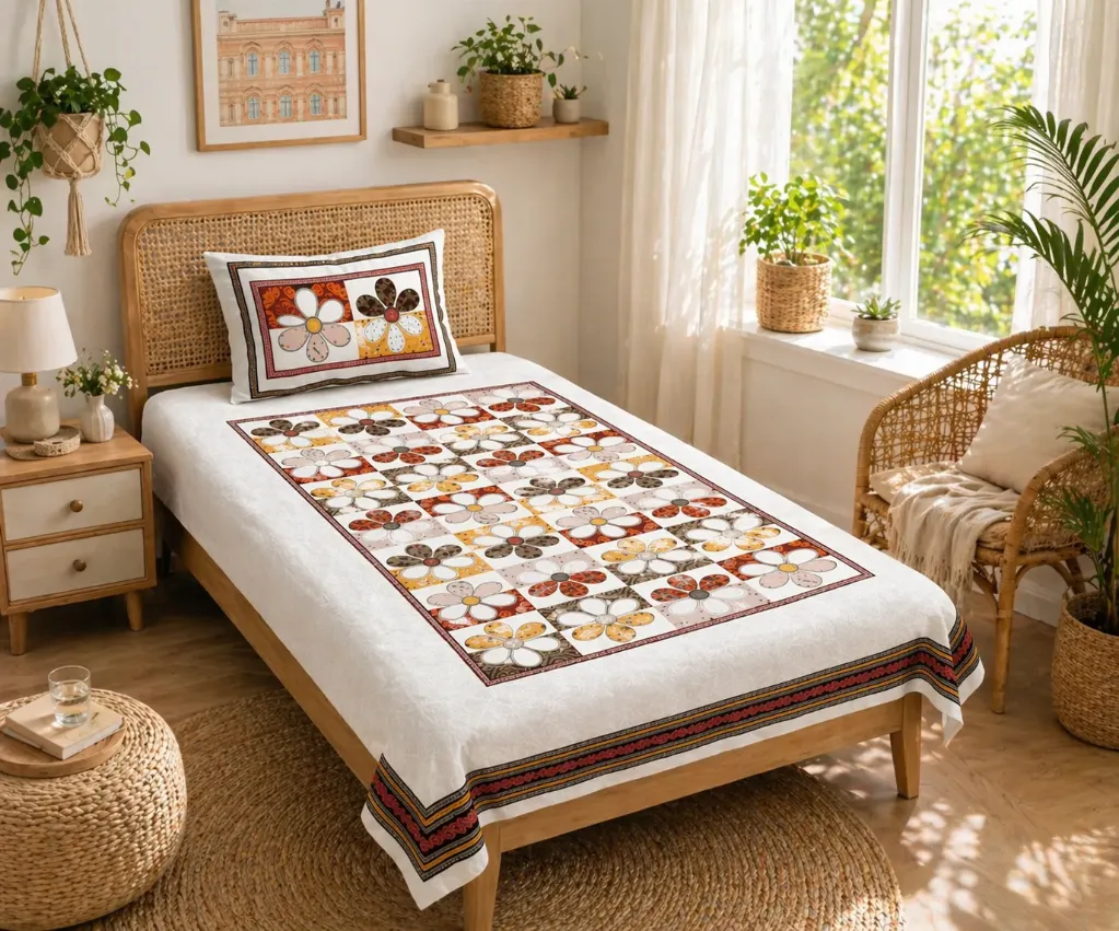 [Single_bs_floral] Premium Floral Print Cotton Single Bedsheet (60x90 Inches) with Cushion Cover – Soft, Breathable Summer Comfort | Elegant Boho Bedroom Decor, Multipurpose Use