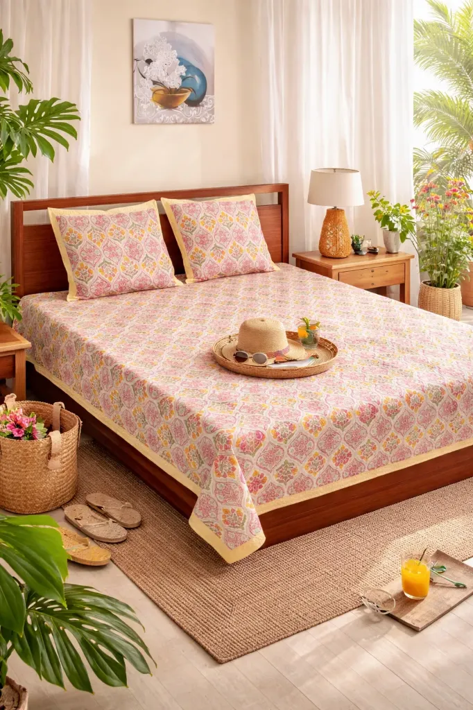 [SK_Phulkari_multicolor] DHRUVINSRI King Size Bedsheet Pure Bamboo Cotton Bedsheet, Boho,  108x108 Inches with 2 Pillow Covers,,Breathable,wrinkle free- Yellow phulkari