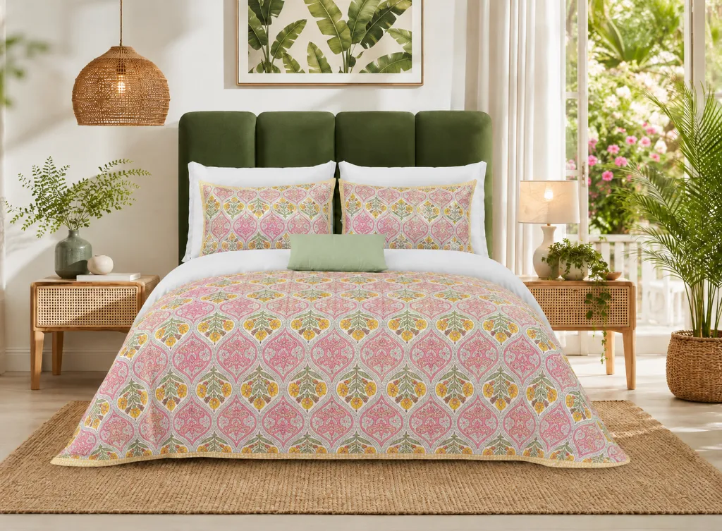 DHRUVINSRI King Size Bedsheet Pure Bamboo Cotton Bedsheet, Boho,  108x108 Inches with 2 Pillow Covers,,Breathable,wrinkle free- Yellow phulkari