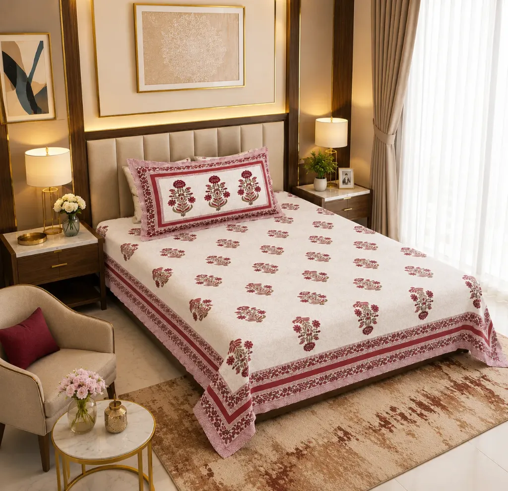 Luxury Hand Block Cotton Single Bedsheet with Pillow Cover