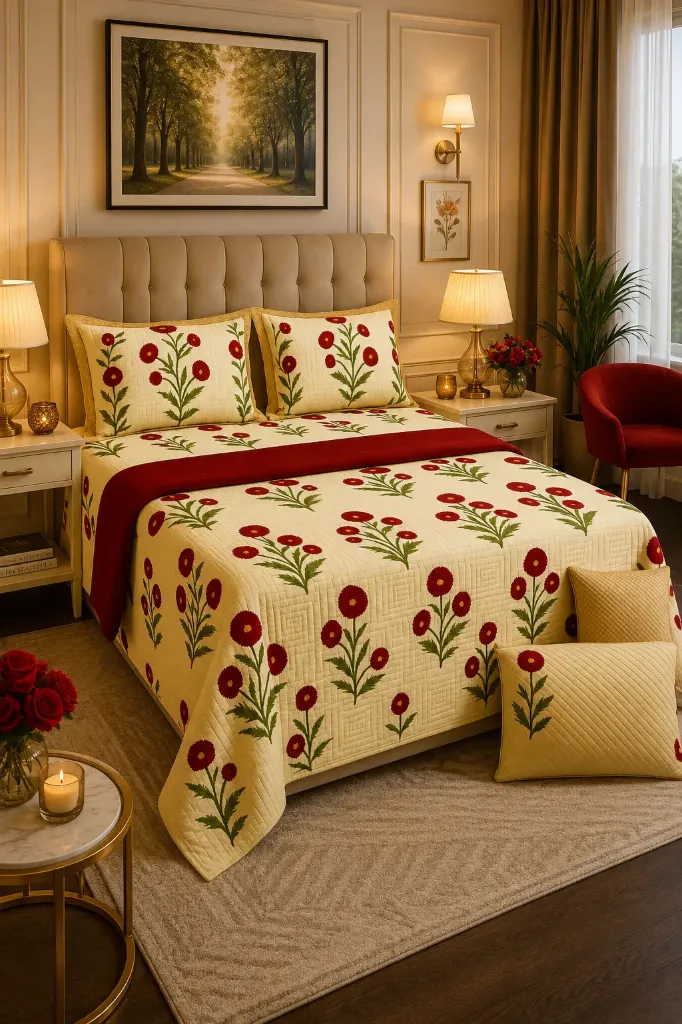 kantha floral Pure Cotton Bedsheet Super King 108x108 with 2 Pillow Covers, Katha Print