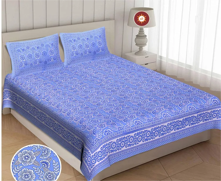 Pure Cotton Traditional Hand Block Rajasthani Printed, 2 King Bed Bedsheets with 4 Pillow Covers, Blue color, Size 90 X 108 Inches