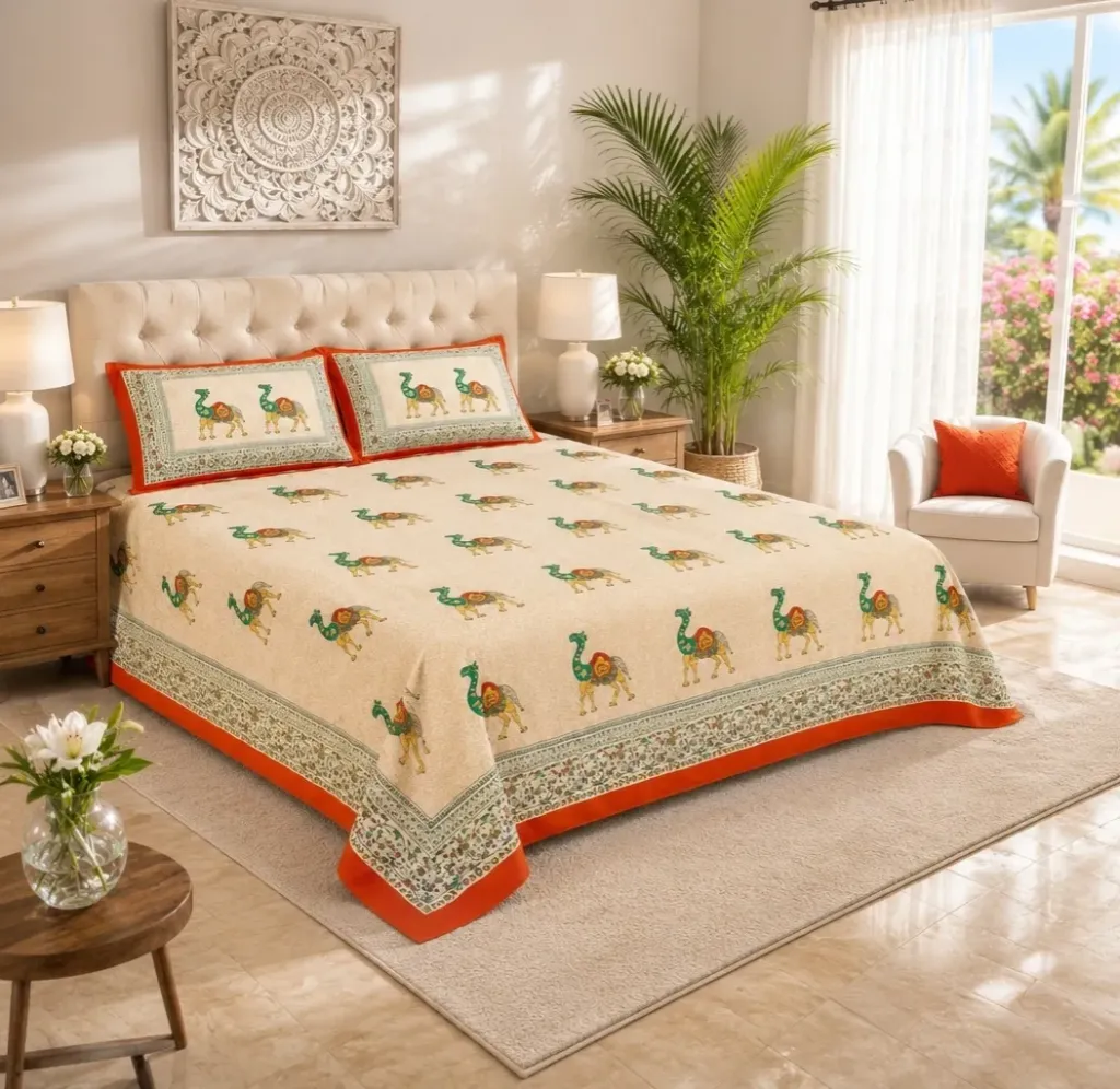 Cotton Traditional Hand Block Printed Camel Design, Heritage Motif, King Bedsheet Set with 2 pillow covers, Size 90*108