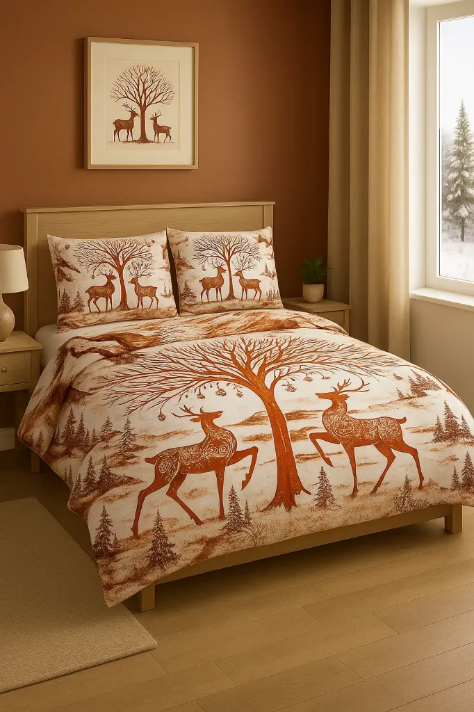 Luxury, Stylish, Reindeer Wildlife Design, Soft Cotton Super King Bedsheet Set 108*108 with 2 Pillow Covers