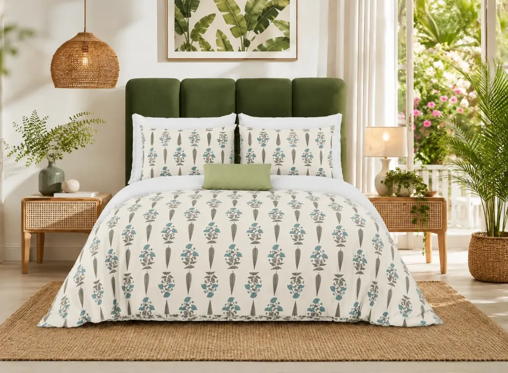 Super King Pure Cotton Bedsheet Set | Hand Block Print Floral Design | 108x108 with 2 Pillow Covers