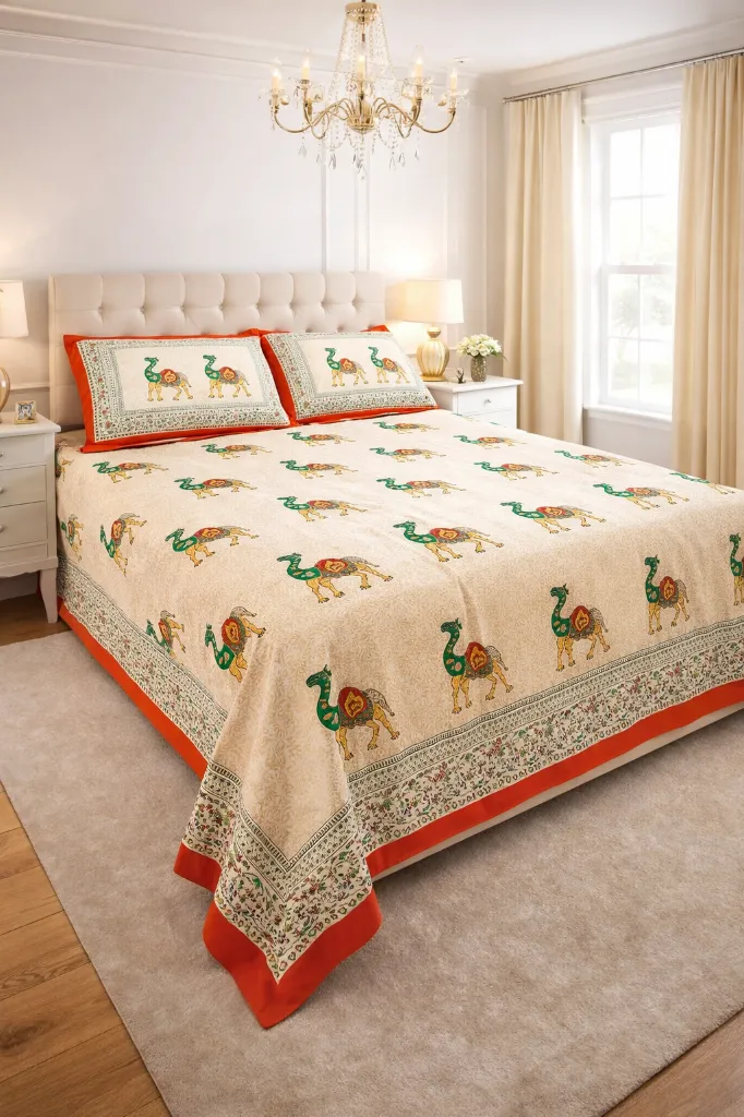 Royal Camel Motif Pure Cotton Bedsheet Set with 2 pillow covers 