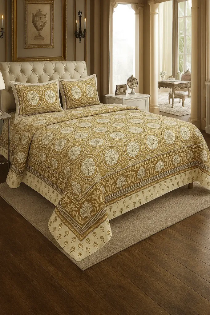 [KG-SZ-PHUL-01BJ] Phulkari Pure Cotton Premium Cotton  King Bedsheet Set – Elegant Ethnic Print, 90x108 Inches, 2 Matching Pillow Covers 